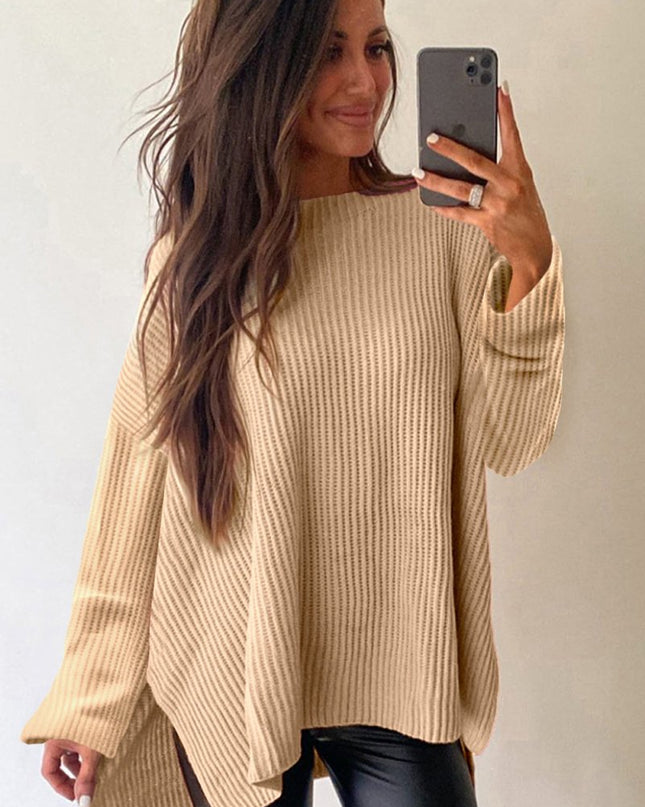 Apricot Plain Side Slits Oversized Sweater - Sleekdenim.com