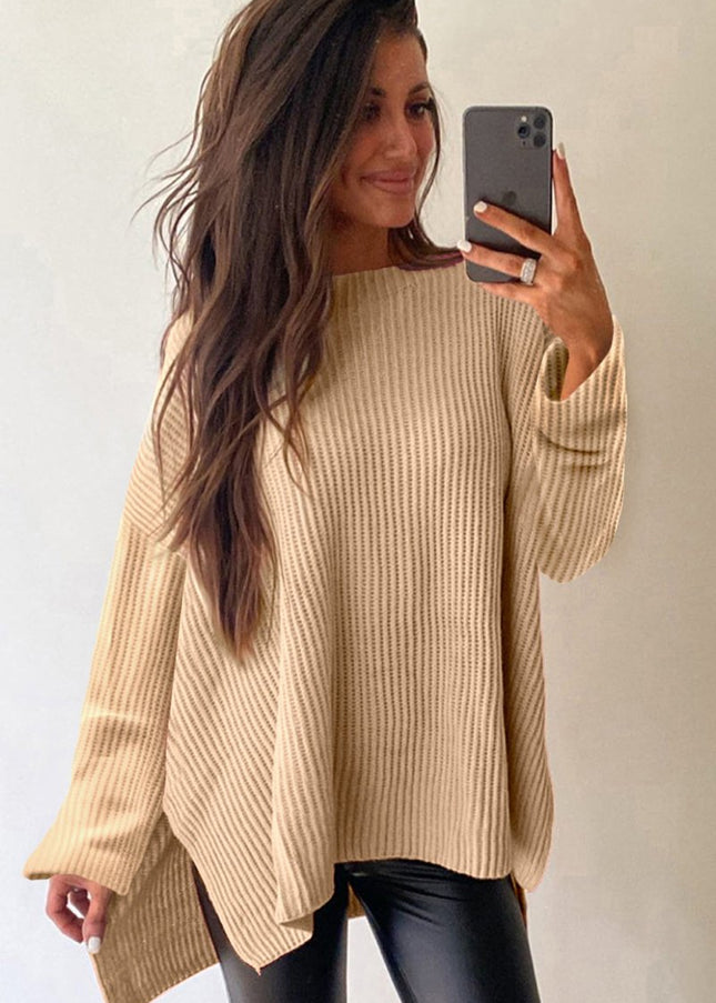 Apricot Plain Side Slits Oversized Sweater - Sleekdenim.com