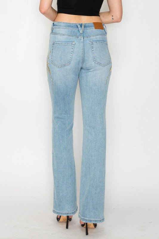 Artemis Vintage HIGH RISE EMBROIDERED MODERN BOOTCUT JEANS - Sleekdenim.com