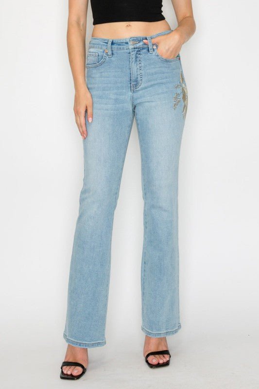 Artemis Vintage HIGH RISE EMBROIDERED MODERN BOOTCUT JEANS - Sleekdenim.com