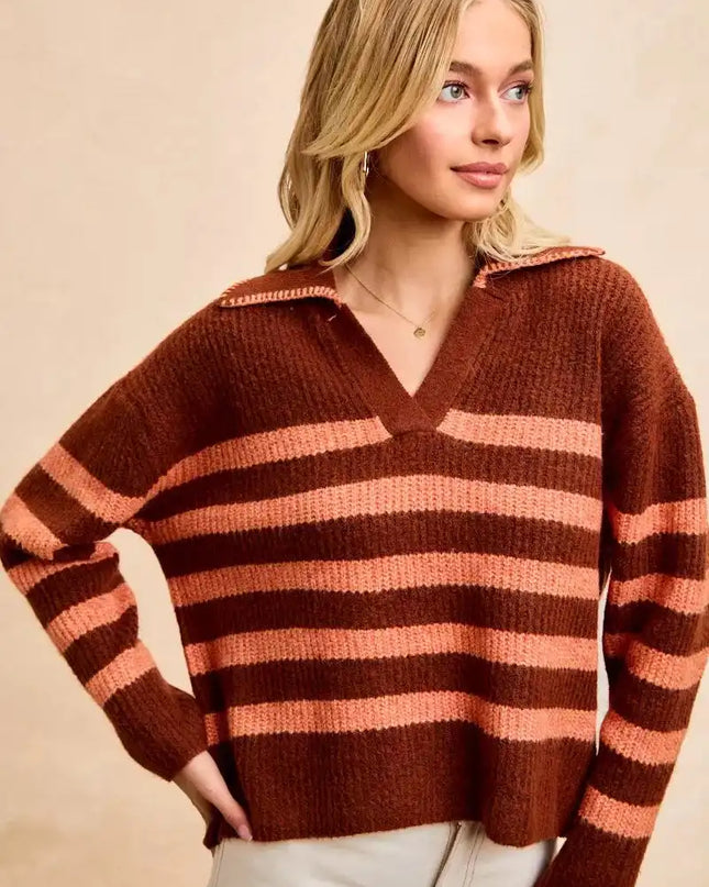 BiBi Striped Sweater Top with Collar Stitched Details - Sleekdenim.com