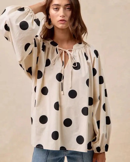 BiBi Polka Dot Exaggerated Balloon Sleeves Blouse - Sleekdenim.com