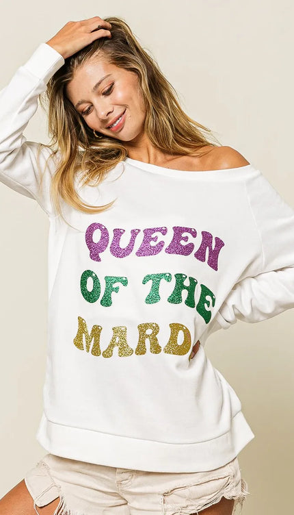 BiBi Queen Of Mardi Glitter Print Mardi Gras Sweatshirt - 10