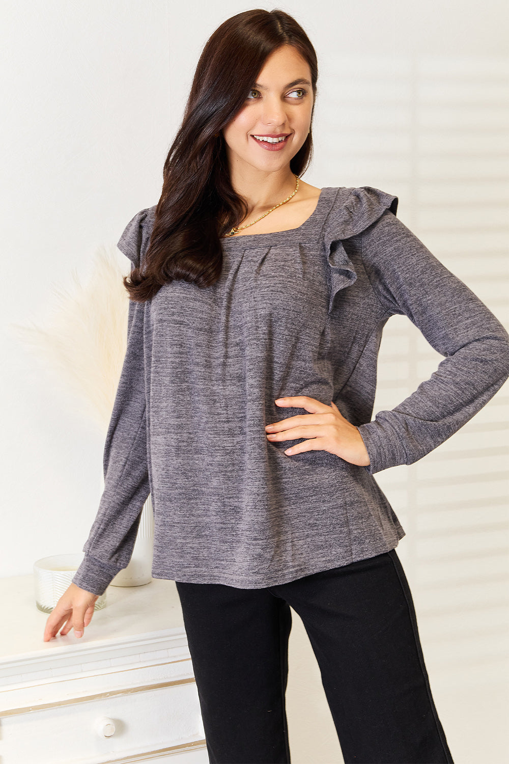 Double Take Square Neck Ruffle Shoulder Long Sleeve T-Shirt