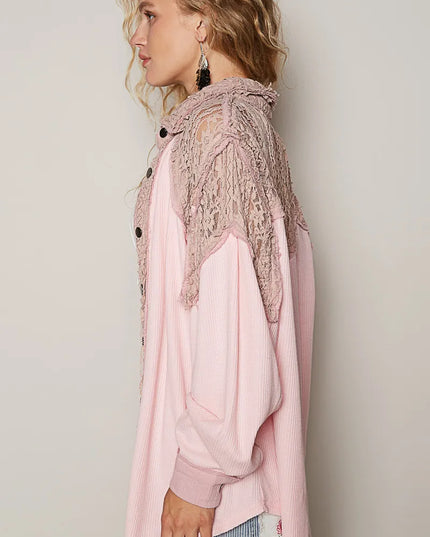 POL Lace Patchwork Button Up Shacket - Sleekdenim.com