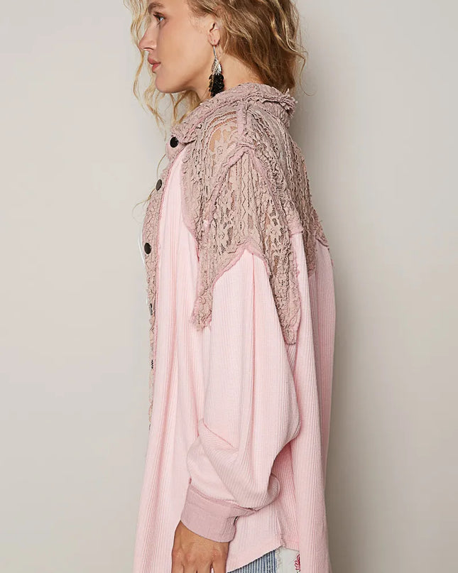 POL Lace Patchwork Button Up Shacket - Sleekdenim.com