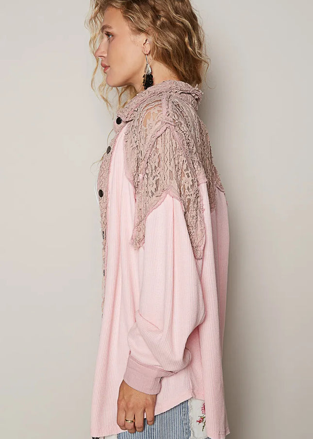 POL Lace Patchwork Button Up Shacket - Sleekdenim.com