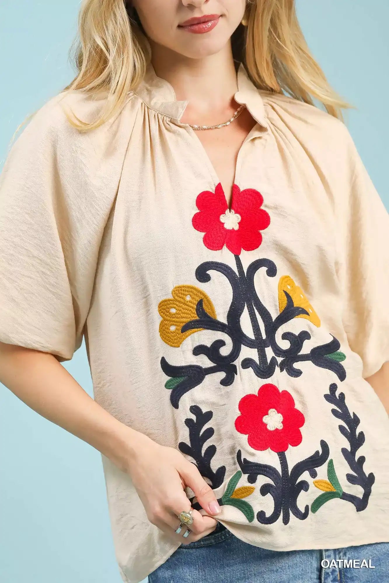 Umgee Embroidered Boho Puff Sleeve Blouse - Sleekdenim.com