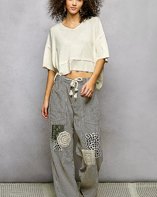 POL Short Sleeve Ccopped Rib T-Shirt with Contrast Stitch Detail - Sleekdenim.com