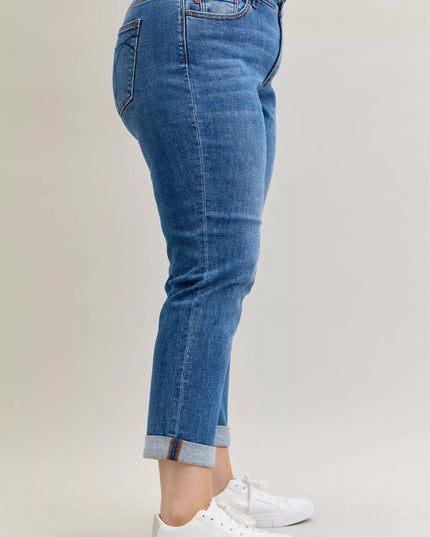 Judy Blue Full Size Mid Rise BF Classic Cuffed Jeans Plus Size - Sleekdenim.com