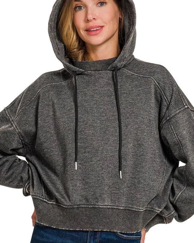 Zenana Acid Wash Fleece Hoodie - Sleekdenim.com