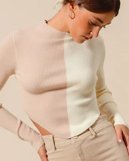 SO ME Color Block Fitted Crop Sweater Top - Sleekdenim.com