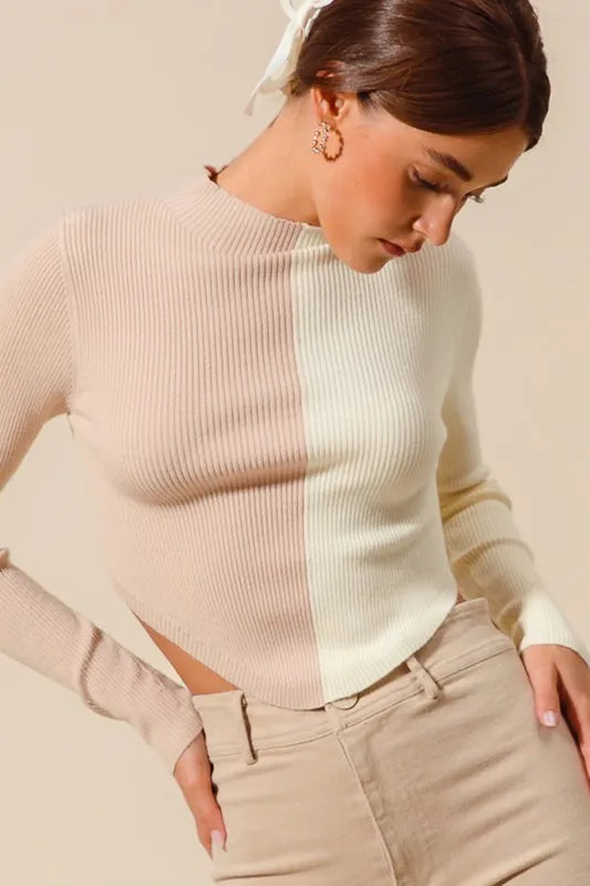 SO ME Color Block Fitted Crop Sweater Top - Sleekdenim.com
