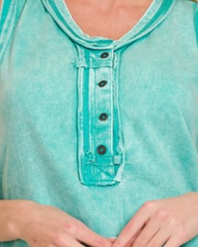 Zenana Washed Half-Button Raw Edge Sleeveless Henley Top - Sleekdenim.com
