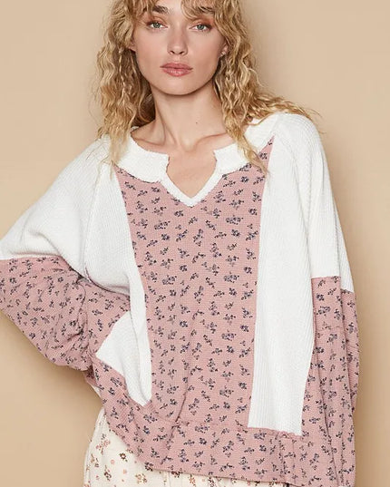 POL Waffle Knit Floral Notched Long Sleeve Top - Sleekdenim.com