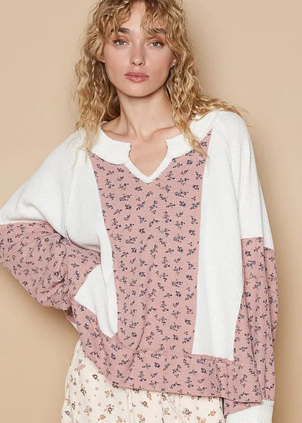 POL Waffle Knit Floral Notched Long Sleeve Top - Sleekdenim.com