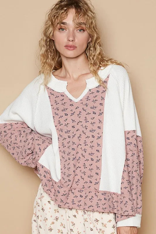 POL Waffle Knit Floral Notched Long Sleeve Top - Sleekdenim.com
