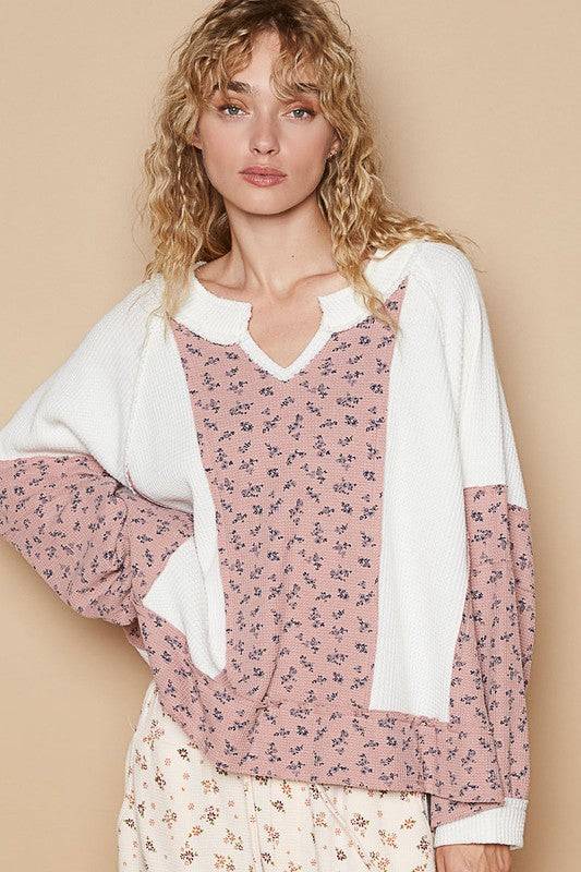 POL Waffle Knit Floral Notched Long Sleeve Top | Sleekdenim.com