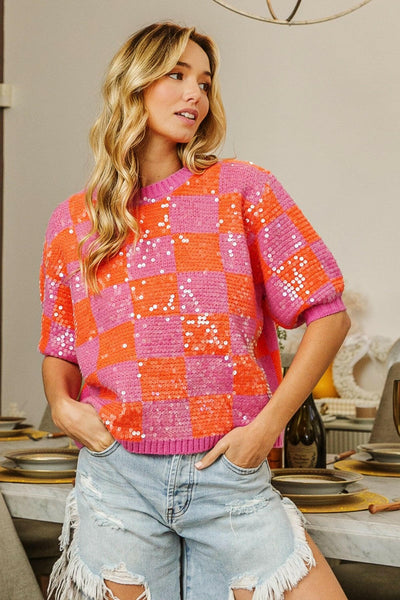 BiBi Checkered Short Sleeve Sequin Sweater Pink Orange