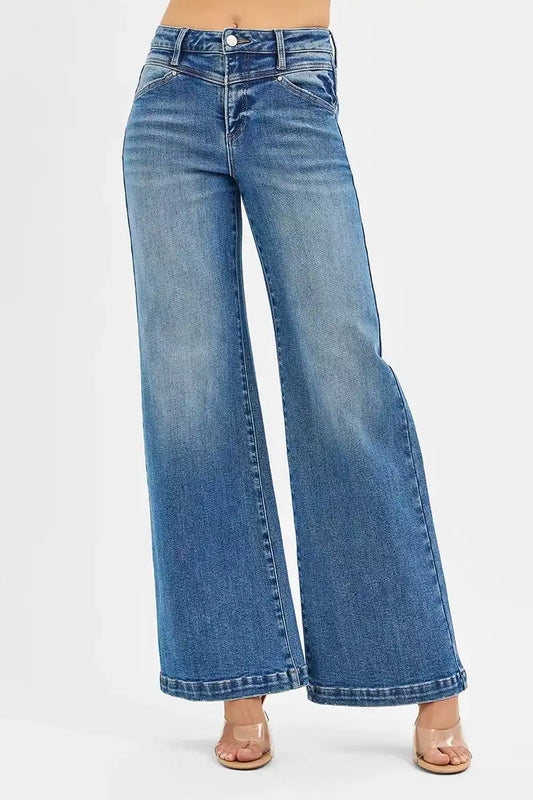 RISEN High Rise Wide Leg Jeans with Front Yoke and Heart Back Pocket PW21353 - Sleekdenim.com