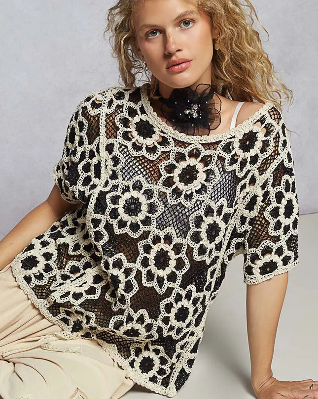 POL Openwork Short Sleeve Crochet Knit Top with Weave Knit Patterns - Sleekdenim.com