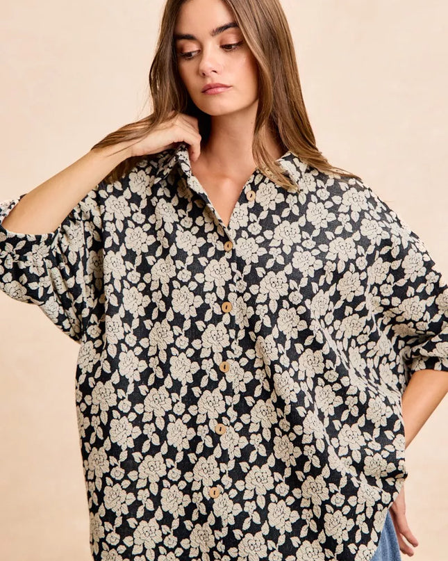 BiBi Floral Jacquard Short Dolman Sleeves Shirt - Sleekdenim.com