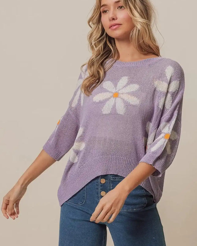 BiBi Floral Pattern Slit Sweater - Sleekdenim.com