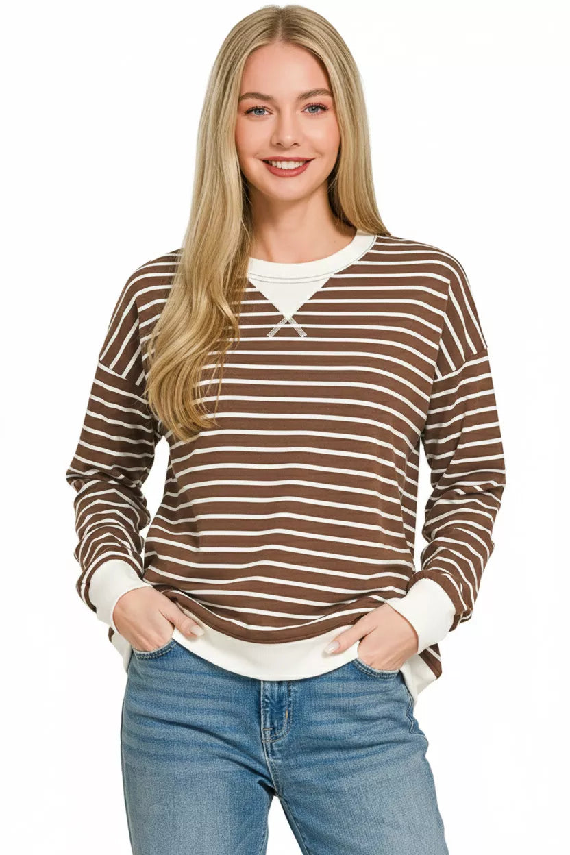 Zenana Contrast Striped Round Neck Sweatshirt - Sleekdenim.com