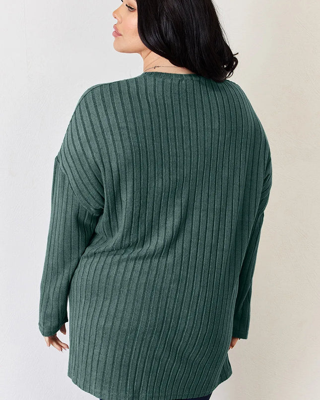 Basic Bae Full Size Ribbed Half Button Long Sleeve High-Low T-Shirt - Sleekdenim.com