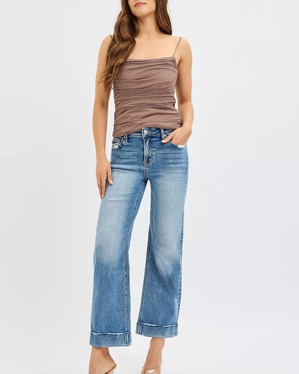 RISEN Full Size Mid Rise Crop Straight Jeans with Taylor Cuffed Plus Size - Sleekdenim.com