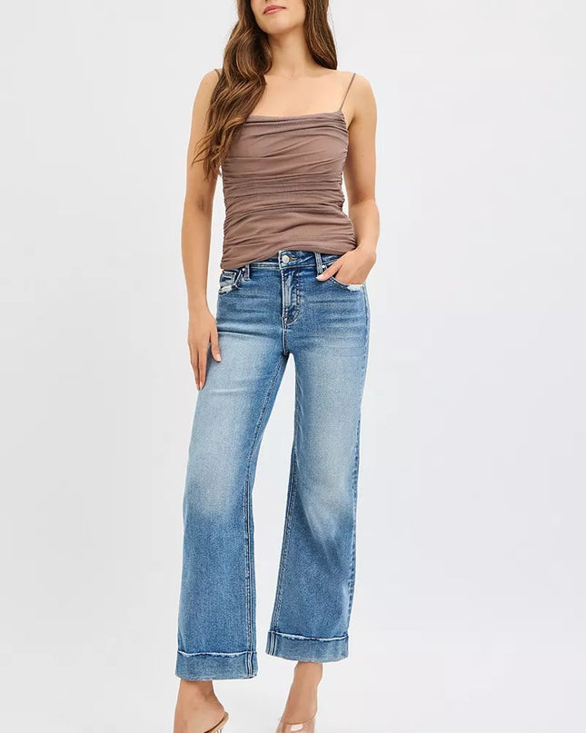 RISEN Full Size Mid Rise Crop Straight Jeans with Taylor Cuffed Plus Size - Sleekdenim.com