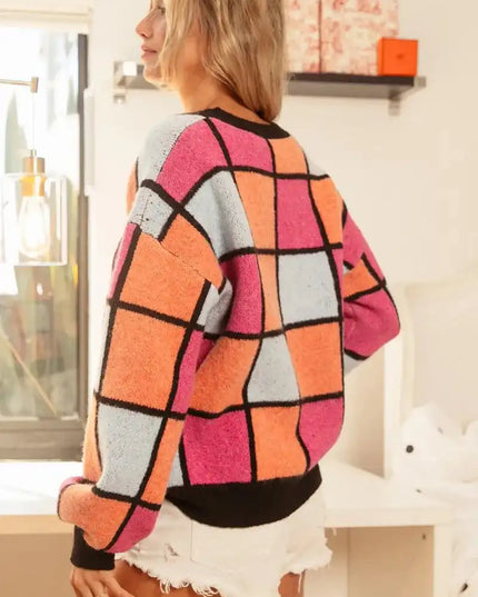 BiBi Multi Color Checker Pattern Sweater - Sleekdenim.com