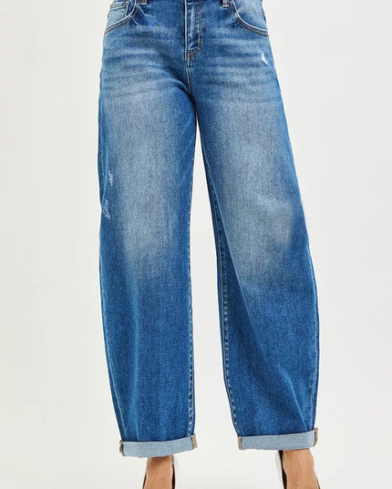 RISEN Full Size Mid Rise Barrel Double Roll Up Jeans Plus Size - Sleekdenim.com
