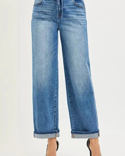 RISEN Elastic Band Slouch Ankle Boyfriend Cuffed Hem Jeans - Sleekdenim.com