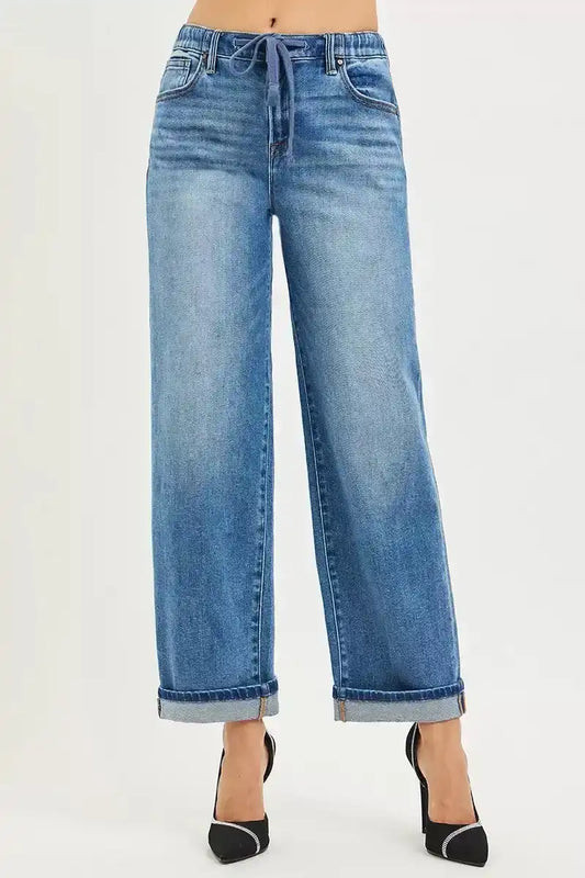 RISEN Elastic Band Slouch Ankle Boyfriend Cuffed Hem Jeans PGA21558
