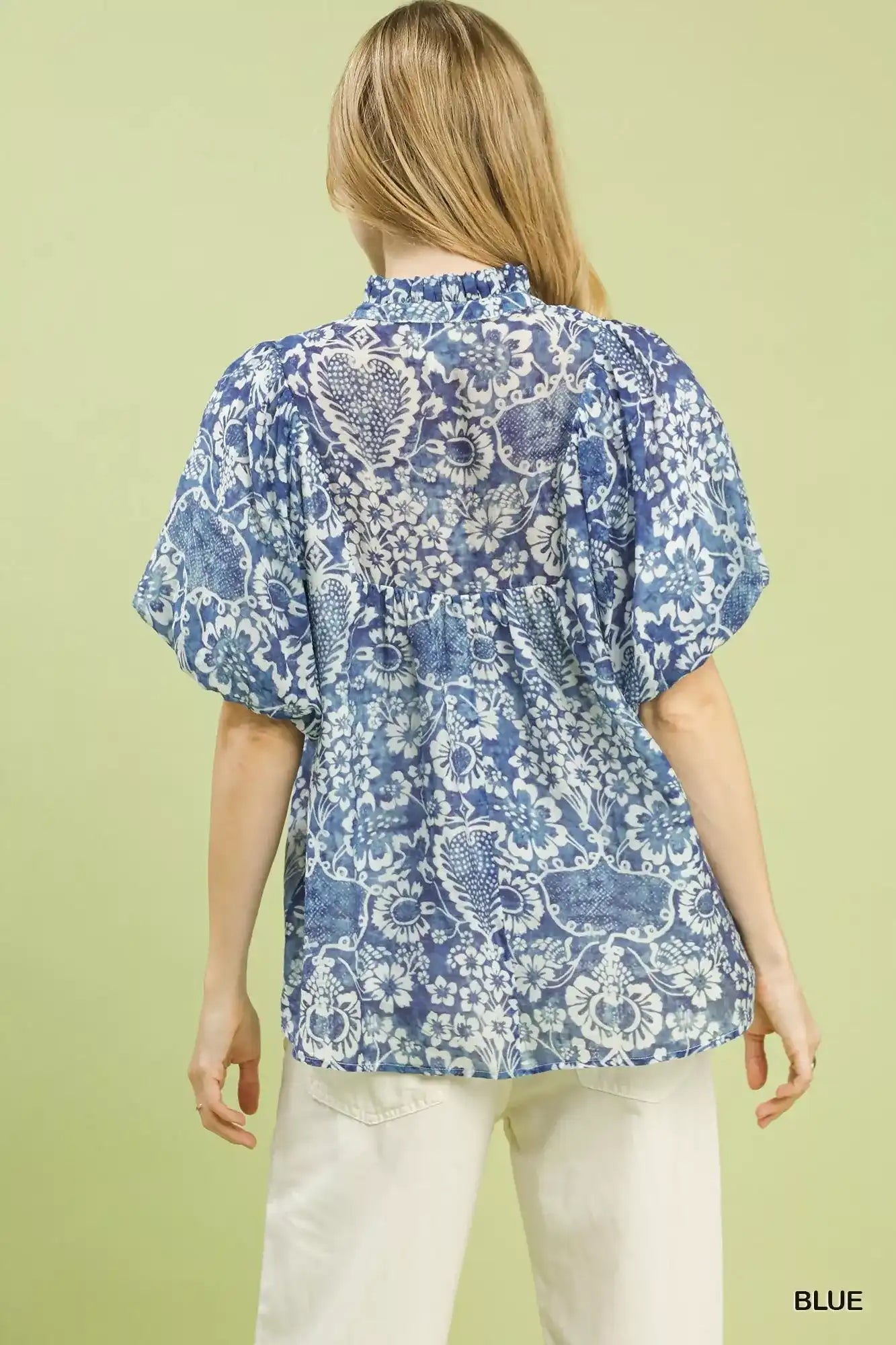 Umgee Abstract Print Ruffled Puff Sleeve Top - Sleekdenim.com
