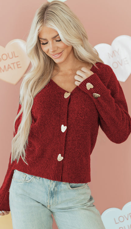 Fiery Red Heart Metal Button V Neck Cardigan Sweater - Sleekdenim.com