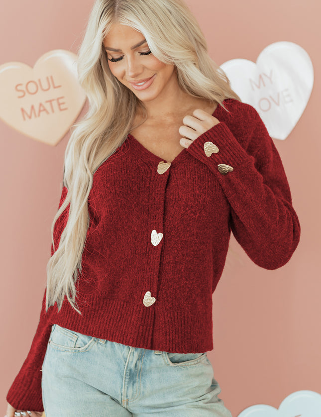 Fiery Red Heart Metal Button V Neck Cardigan Sweater - Sleekdenim.com