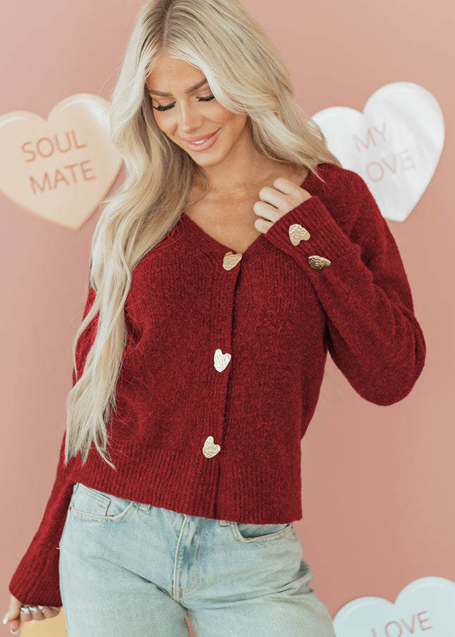 Fiery Red Heart Metal Button V Neck Cardigan Sweater - Sleekdenim.com