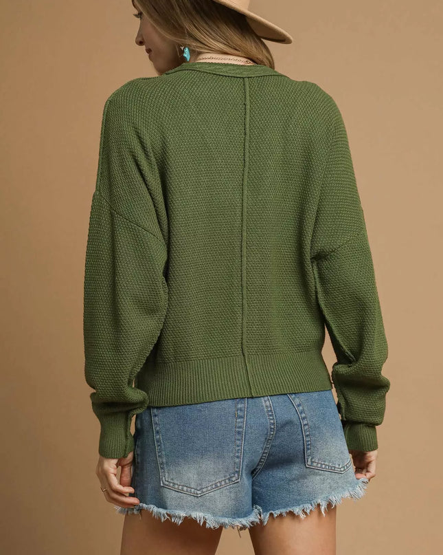 Umgee Chunky Cable Knit V-Neck Button-Up Cardigan - Sleekdenim.com