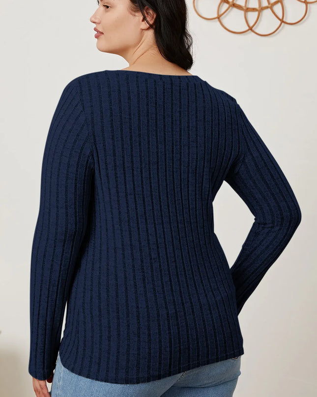 Basic Bae Full Size Ribbed V-Neck Long Sleeve T-Shirt - Sleekdenim.com