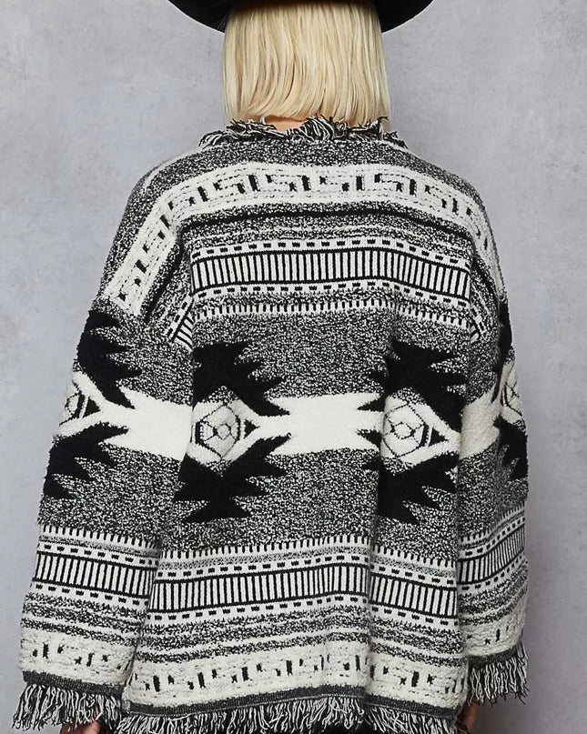 POL Open Front Geometric Print Cardigan with Fringe Detail - Sleekdenim.com