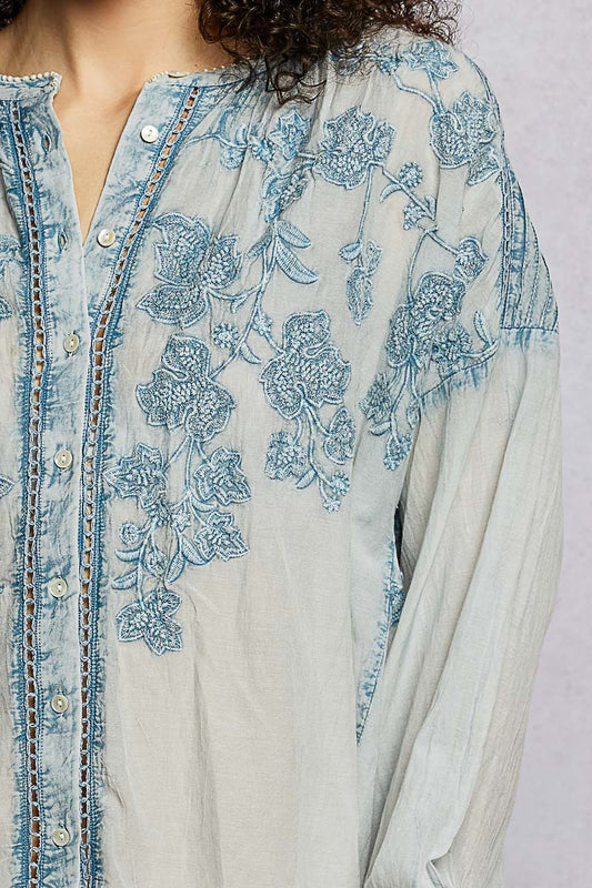 POL Floral Embroidered Button Down Long Sleeve Shirt - Sleekdenim.com