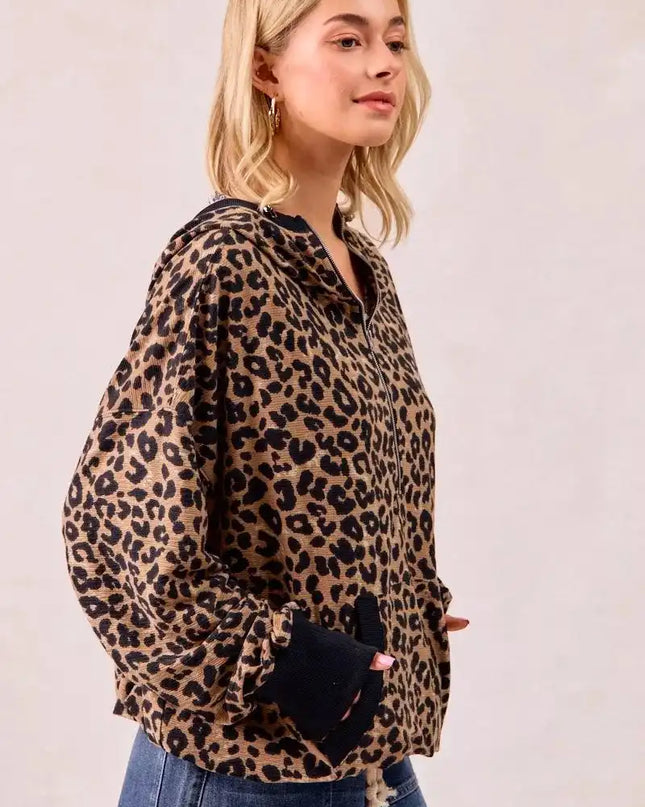 BiBi Leopard Print Waffle Half Zip Up Hoodie W Pocket - Sleekdenim.com