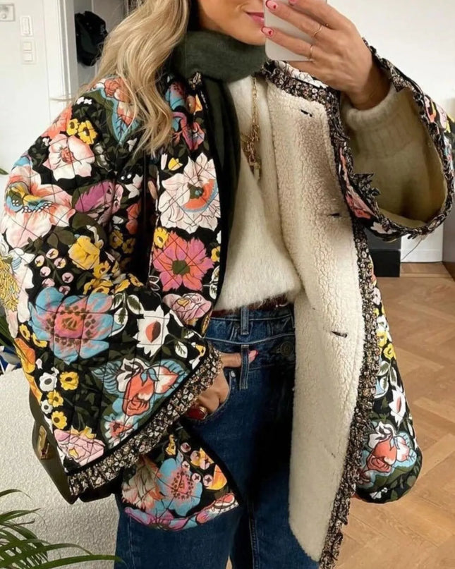 Full Size Floral Print Quilted Sherpa-Lined Jacket Plus Size - Sleekdenim.com
