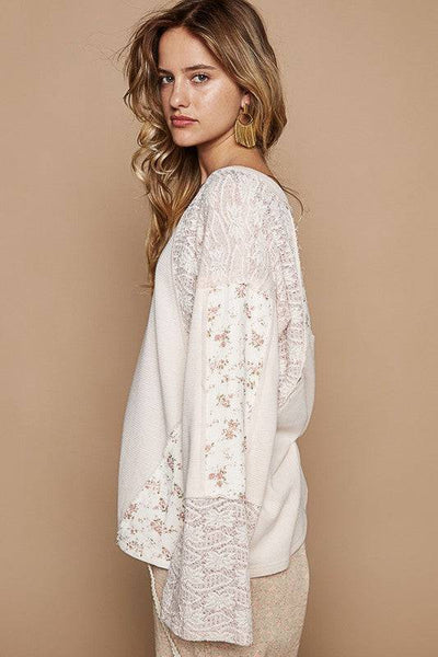 POL Lace Floral Round Neck Knit Top | Sleekdenim.com