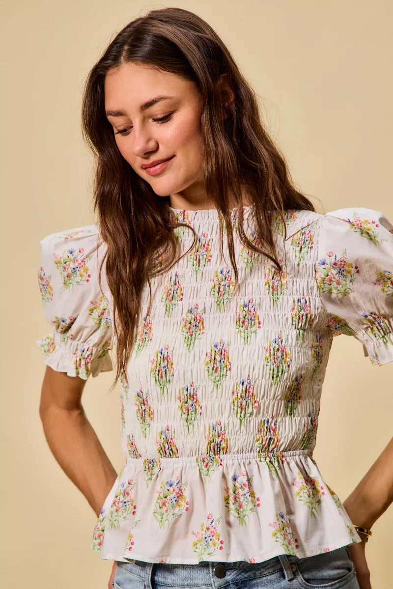 SO ME Floral Cotton Smocked Short Sleeves Blouse - Sleekdenim.com