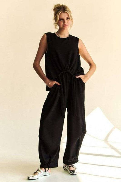 Davi & Dani Drawstring Hem Round Neck Tank and Pants Set | Sleekdenim.com