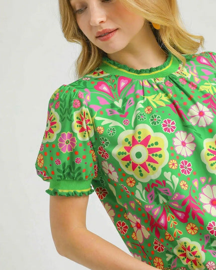 Umgee Retro Floral Puff Sleeve Top - Sleekdenim.com