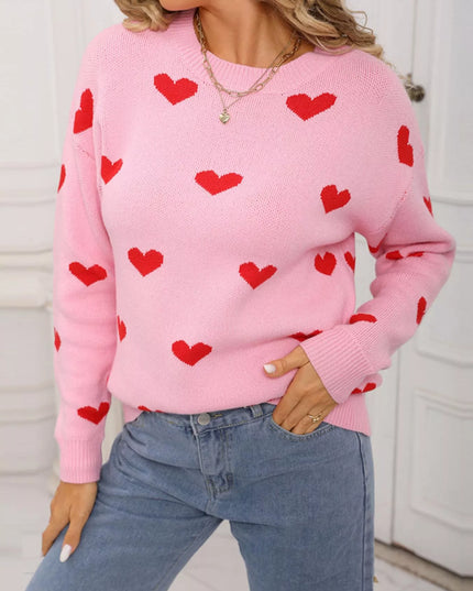 Valentine's Day Heart Pattern Dropped Shoulder Sweater - Sleekdenim.com